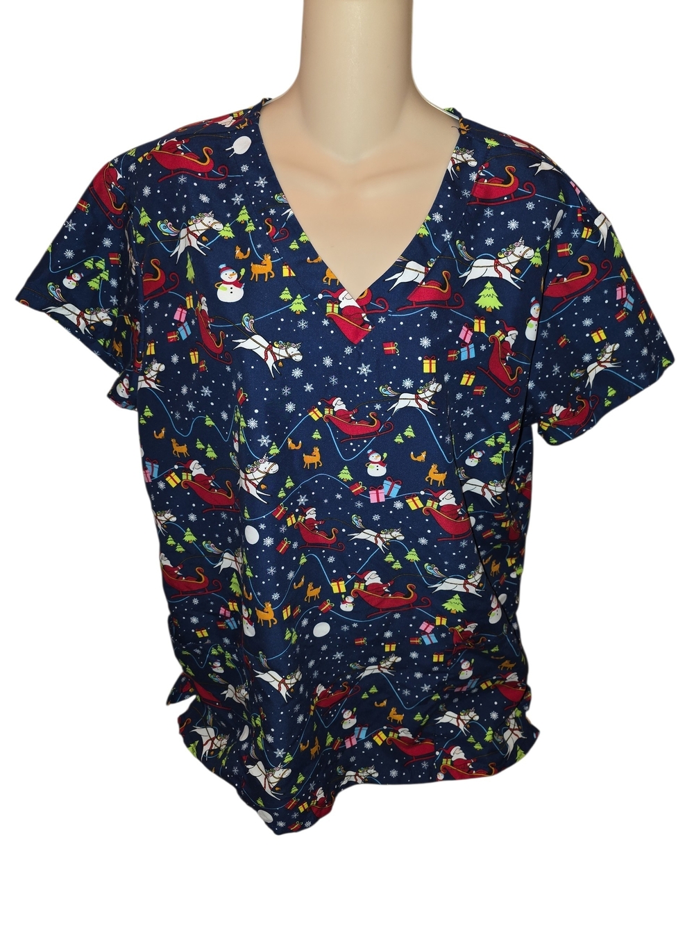 Womens Scrub Top Large Short Sleeve Christmas Santa Unicorn Reindeer Presents